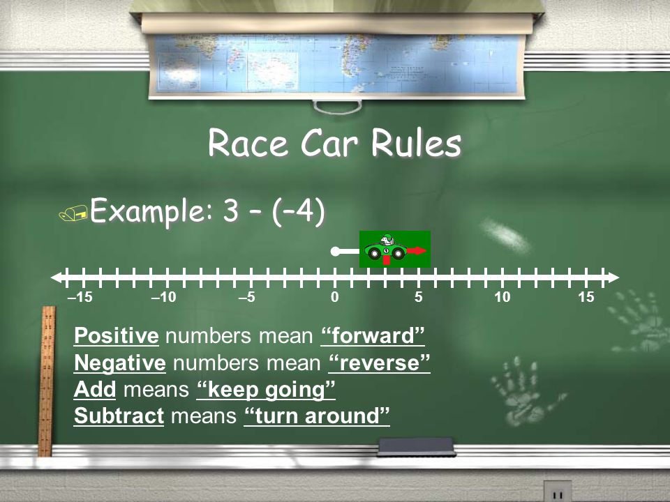 Race Car Rules / Example: 3 – (–4) –15–10– Positive numbers mean forward Negative numbers mean reverse Add means keep going Subtract means turn around
