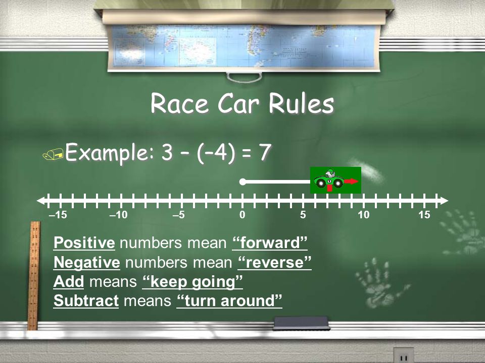 Race Car Rules / Example: 3 – (–4) = 7 –15–10– Positive numbers mean forward Negative numbers mean reverse Add means keep going Subtract means turn around