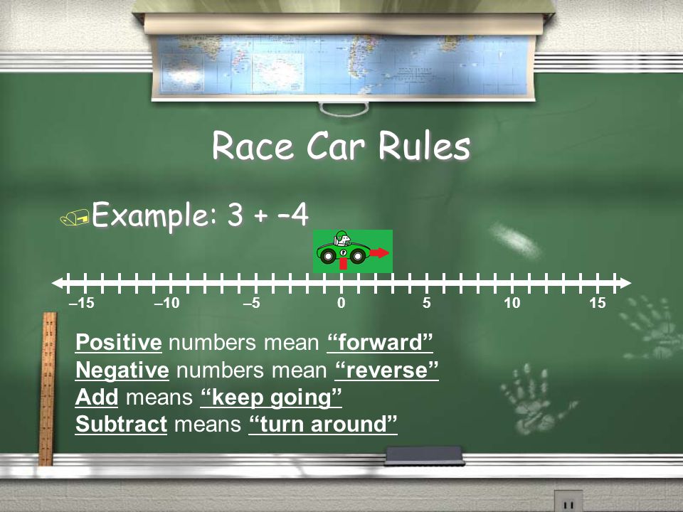 Race Car Rules / Example: 3 + –4 –15–10– Positive numbers mean forward Negative numbers mean reverse Add means keep going Subtract means turn around