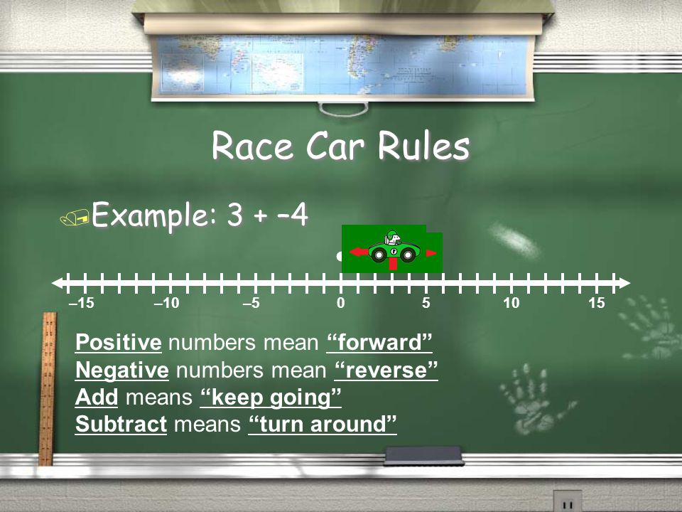 Race Car Rules / Example: 3 + –4 –15–10– Positive numbers mean forward Negative numbers mean reverse Add means keep going Subtract means turn around
