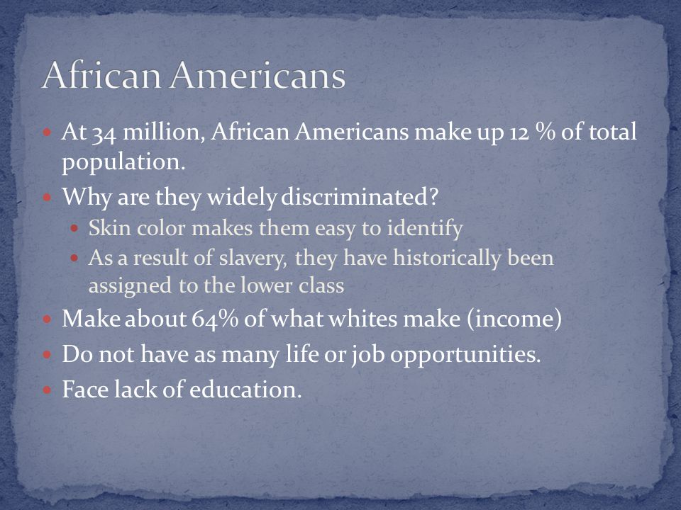 At 34 million, African Americans make up 12 % of total population.