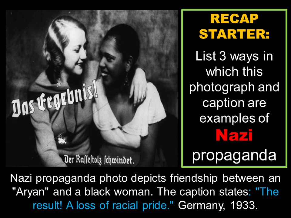 Nazi propaganda photo depicts friendship between an Aryan and a black woman.
