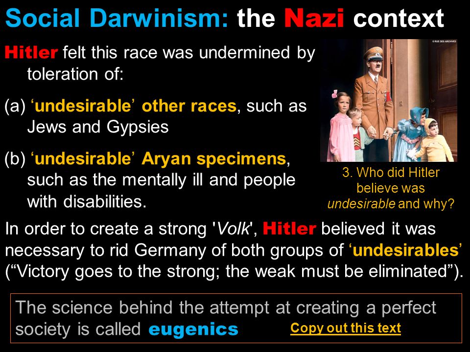 Hitler felt this race was undermined by toleration of: (a) ‘undesirable’ other races, such as Jews and Gypsies (b) ‘undesirable’ Aryan specimens, such as the mentally ill and people with disabilities.