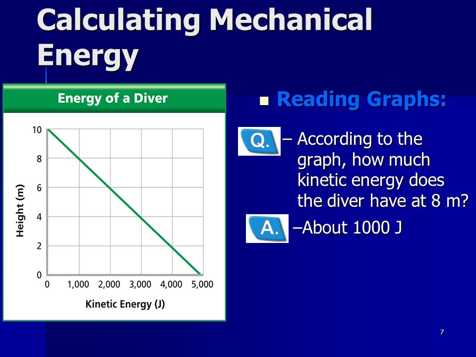 7 Calculating Mechanical Energy –About 1000 J Reading Graphs: Reading Graphs: –According to the graph, how much kinetic energy does the diver have at 8 m