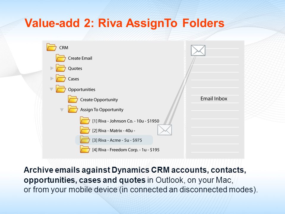 Value-add 2: Riva AssignTo Folders Archive  s against Dynamics CRM accounts, contacts, opportunities, cases and quotes in Outlook, on your Mac, or from your mobile device (in connected an disconnected modes).