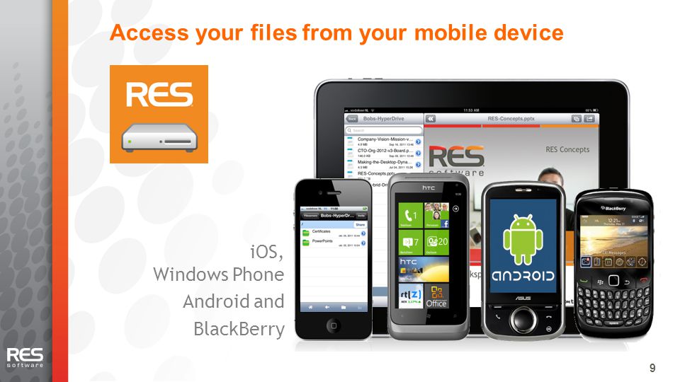 9 Access your files from your mobile device 9 iOS, Windows Phone Android and BlackBerry