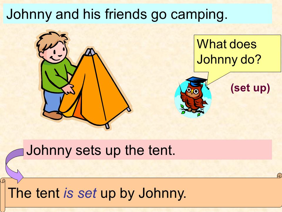 Johnny and his friends go camping. What does Johnny do.