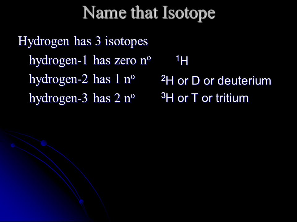 Name that Isotope Hydrogen has 3 isotopes hydrogen-1 has zero n o hydrogen-2 has 1 n o hydrogen-3 has 2 n o 1H1H1H1H 2 H or D or deuterium 3 H or T or tritium