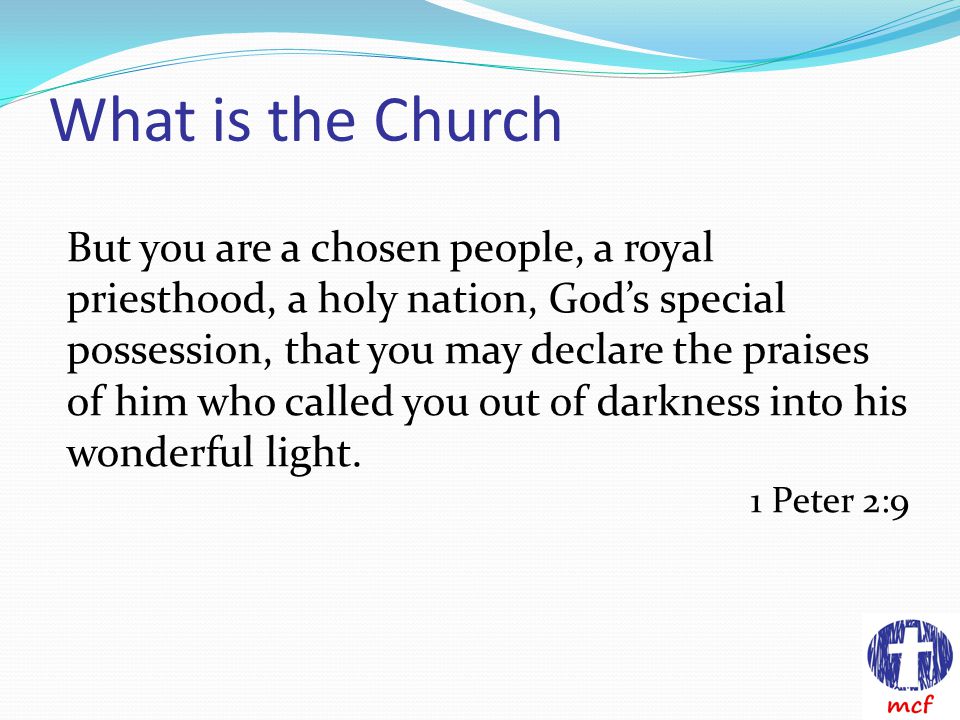 What is the Church But you are a chosen people, a royal priesthood, a holy nation, God’s special possession, that you may declare the praises of him who called you out of darkness into his wonderful light.