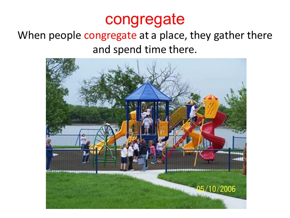 congregate When people congregate at a place, they gather there and spend time there.