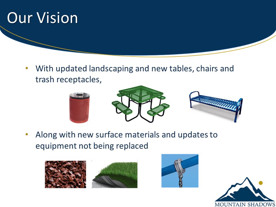 Our Vision With updated landscaping and new tables, chairs and trash receptacles, Along with new surface materials and updates to equipment not being replaced