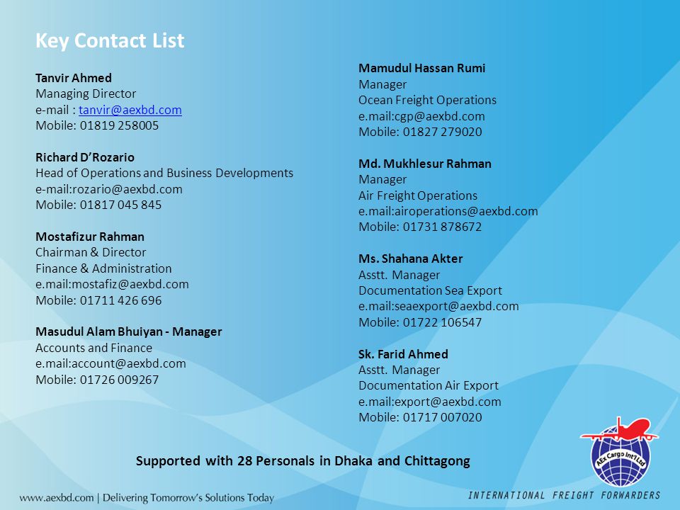 Key Contact List Tanvir Ahmed Managing Director   Mobile: Richard D’Rozario Head of Operations and Business Developments Mobile: Mostafizur Rahman Chairman & Director Finance & Administration Mobile: Masudul Alam Bhuiyan - Manager Accounts and Finance Mobile: Mamudul Hassan Rumi Manager Ocean Freight Operations Mobile: Md.