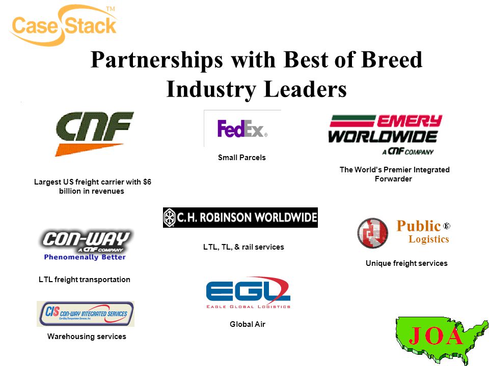 Partnerships with Best of Breed Industry Leaders Largest US freight carrier with $6 billion in revenues Warehousing services Unique freight services Small Parcels LTL freight transportation The World s Premier Integrated Forwarder LTL, TL, & rail services Global Air Public Logistics