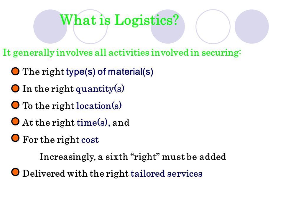 The right type(s) of material(s) In the right quantity(s) To the right location(s) At the right time(s), and For the right cost Increasingly, a sixth right must be added Delivered with the right tailored services What is Logistics.