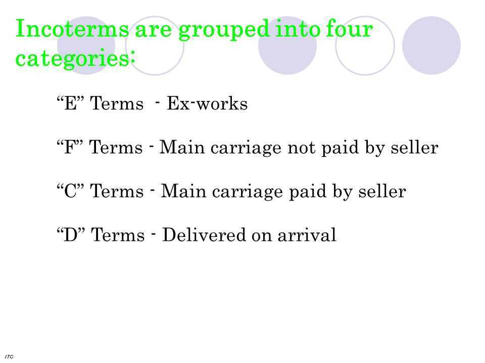 Incoterms are grouped into four categories: E Terms - Ex-works F Terms - Main carriage not paid by seller C Terms - Main carriage paid by seller D Terms - Delivered on arrival