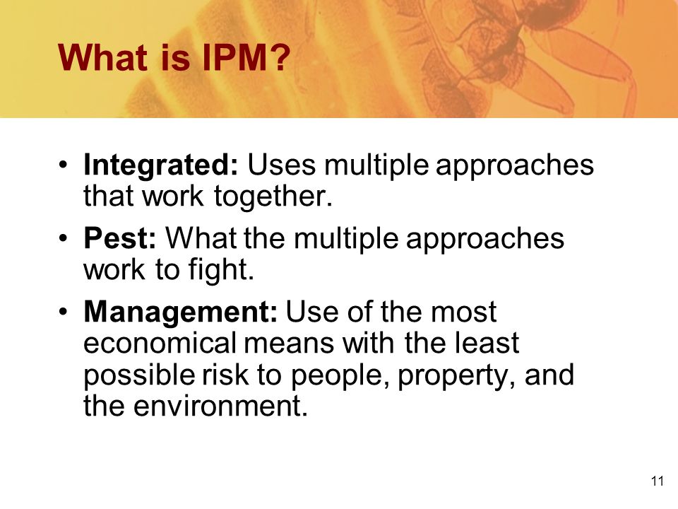 11 What is IPM. Integrated: Uses multiple approaches that work together.