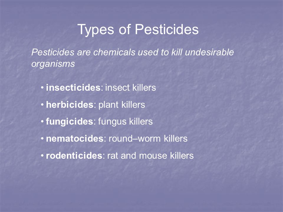 Types of Pesticides Pesticides are chemicals used to kill undesirable organisms insecticides: insect killers herbicides: plant killers fungicides: fungus killers nematocides: round–worm killers rodenticides: rat and mouse killers