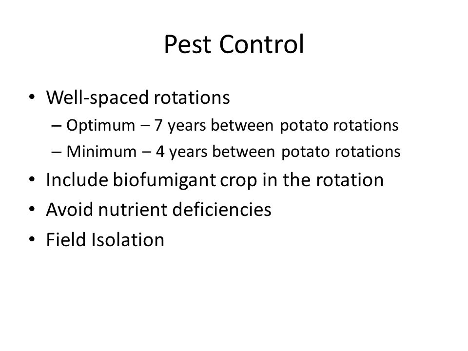 Pest Control Well-spaced rotations – Optimum – 7 years between potato rotations – Minimum – 4 years between potato rotations Include biofumigant crop in the rotation Avoid nutrient deficiencies Field Isolation
