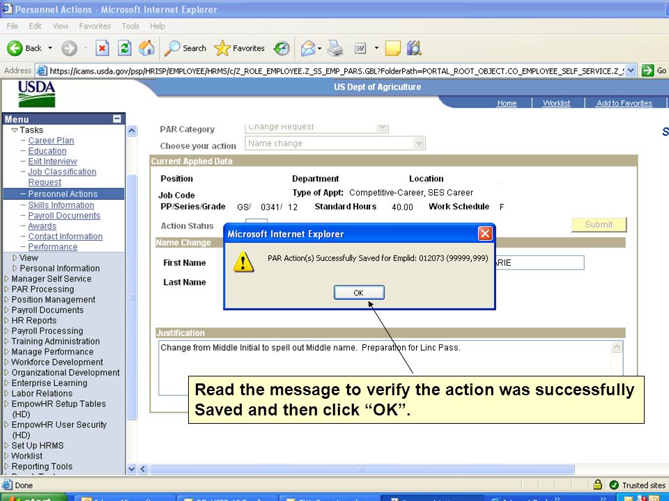 Read the message to verify the action was successfully Saved and then click OK .