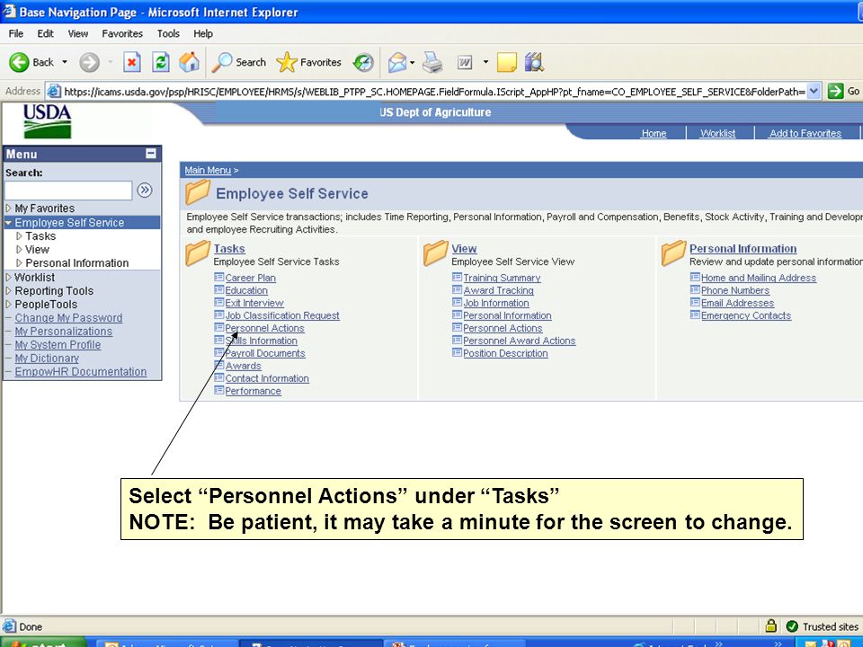 Select Personnel Actions under Tasks NOTE: Be patient, it may take a minute for the screen to change.