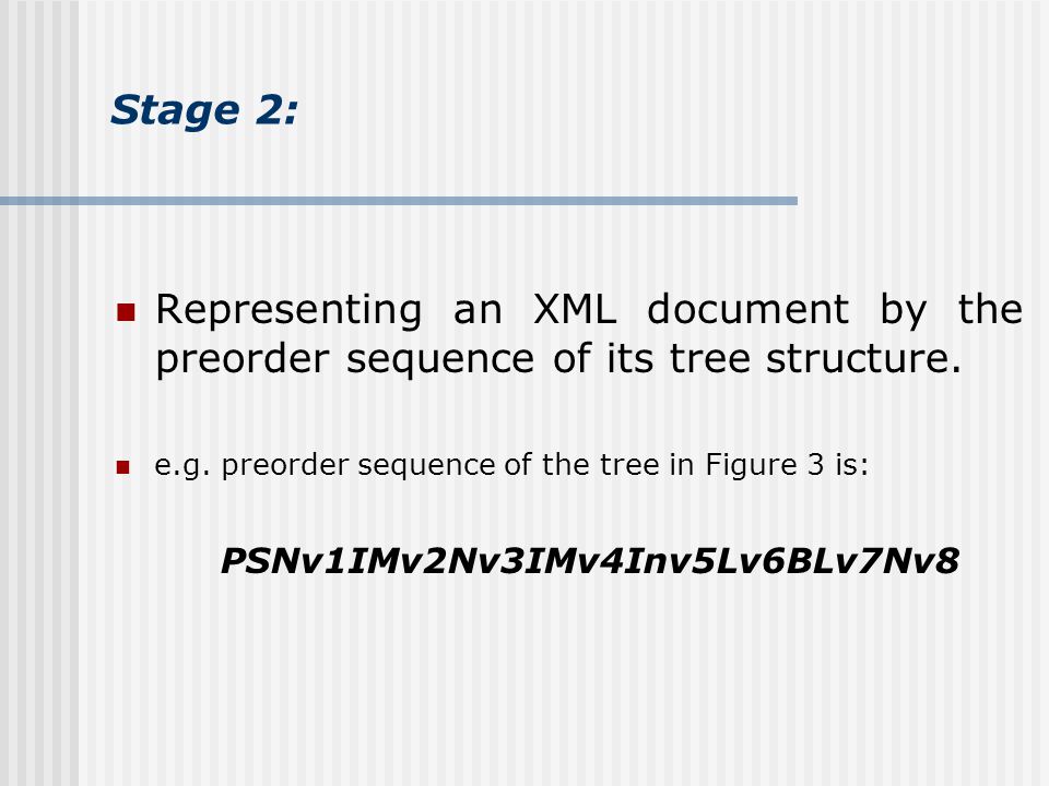 Representing an XML document by the preorder sequence of its tree structure.