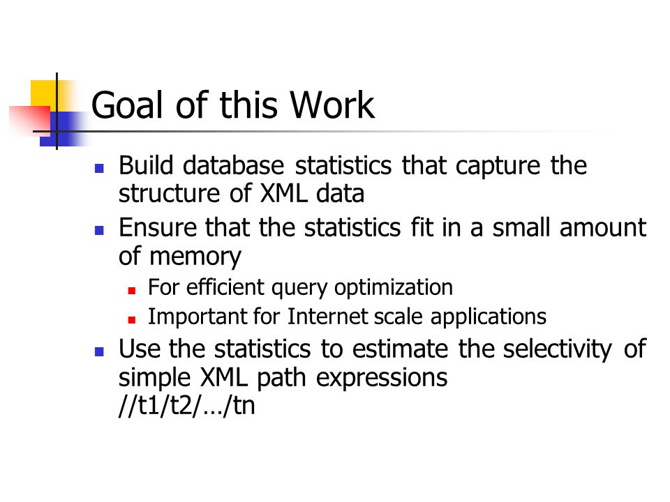 Goal of this Work Build database statistics that capture the structure of XML data Ensure that the statistics fit in a small amount of memory For efficient query optimization Important for Internet scale applications Use the statistics to estimate the selectivity of simple XML path expressions //t1/t2/…/tn