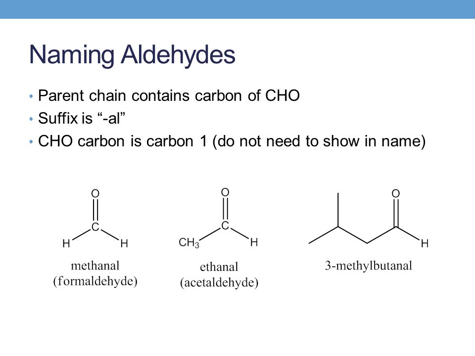 Naming Aldehydes Parent chain contains carbon of CHO Suffix is -al CHO carbon is carbon 1 (do not need to show in name)