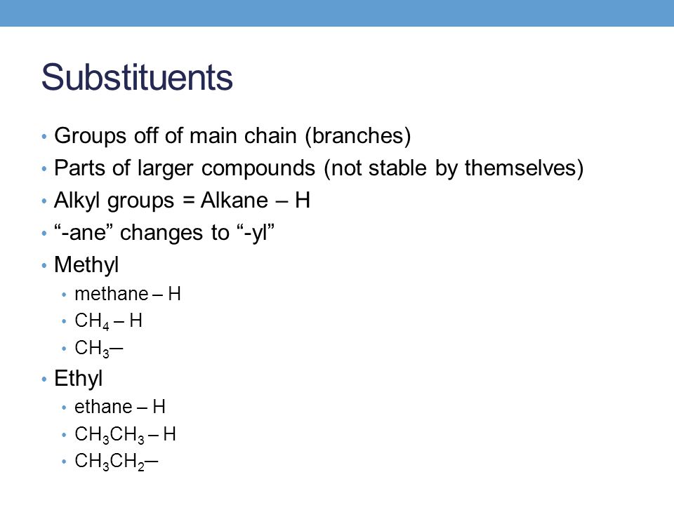 Substituents Groups off of main chain (branches) Parts of larger compounds (not stable by themselves) Alkyl groups = Alkane – H -ane changes to -yl Methyl methane – H CH 4 – H CH 3 ─ Ethyl ethane – H CH 3 CH 3 – H CH 3 CH 2 ─