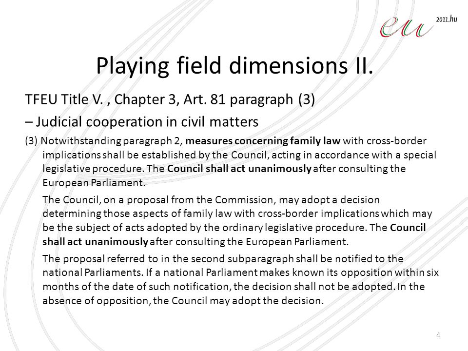 Playing field dimensions II. TFEU Title V., Chapter 3, Art.