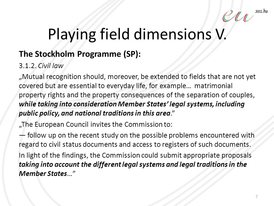 Playing field dimensions V. The Stockholm Programme (SP):