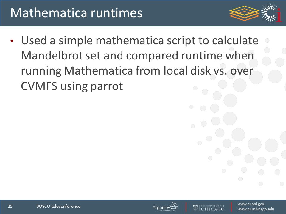 Mathematica runtimes Used a simple mathematica script to calculate Mandelbrot set and compared runtime when running Mathematica from local disk vs.