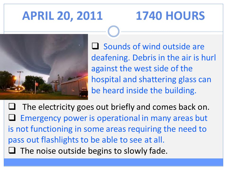 APRIL 20, HOURS  Sounds of wind outside are deafening.