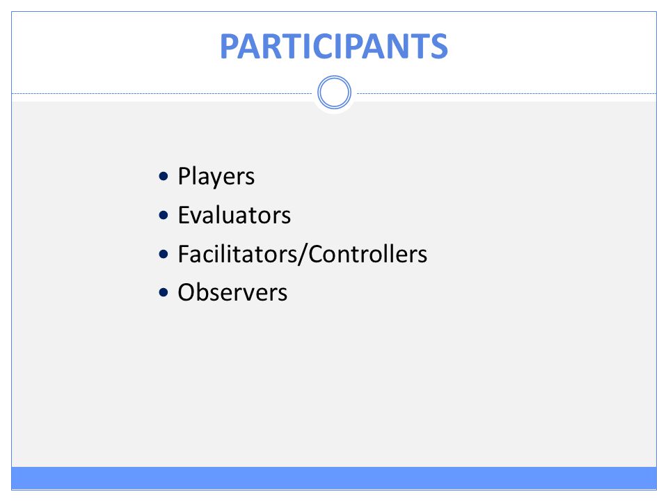 PARTICIPANTS Players Evaluators Facilitators/Controllers Observers