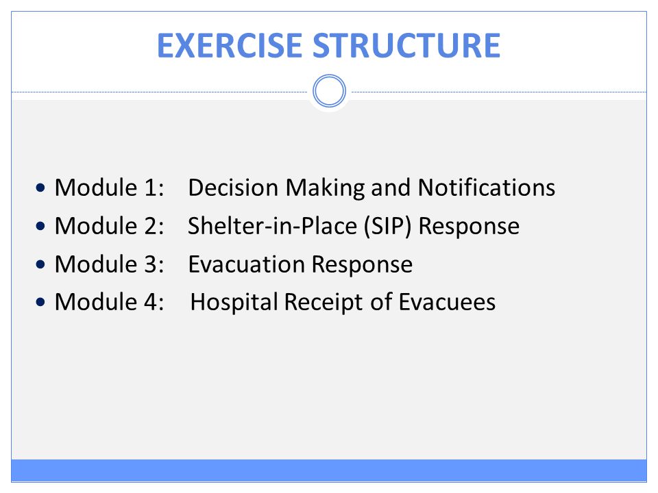 EXERCISE STRUCTURE Module 1: Decision Making and Notifications Module 2: Shelter-in-Place (SIP) Response Module 3: Evacuation Response Module 4: Hospital Receipt of Evacuees