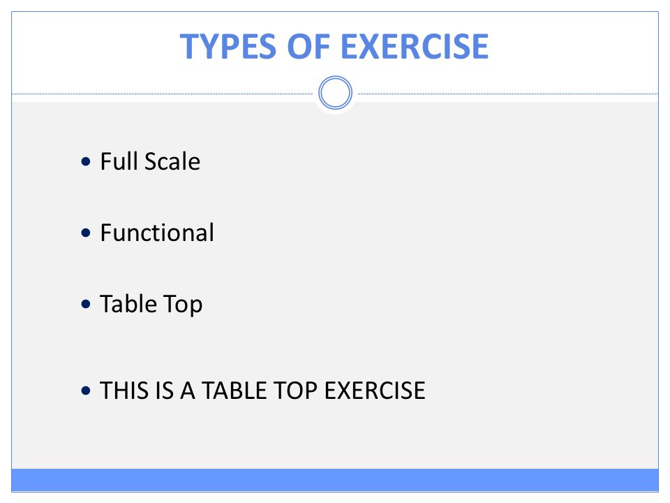 TYPES OF EXERCISE Full Scale Functional Table Top THIS IS A TABLE TOP EXERCISE