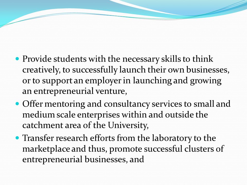 Provide students with the necessary skills to think creatively, to successfully launch their own businesses, or to support an employer in launching and growing an entrepreneurial venture, Offer mentoring and consultancy services to small and medium scale enterprises within and outside the catchment area of the University, Transfer research efforts from the laboratory to the marketplace and thus, promote successful clusters of entrepreneurial businesses, and