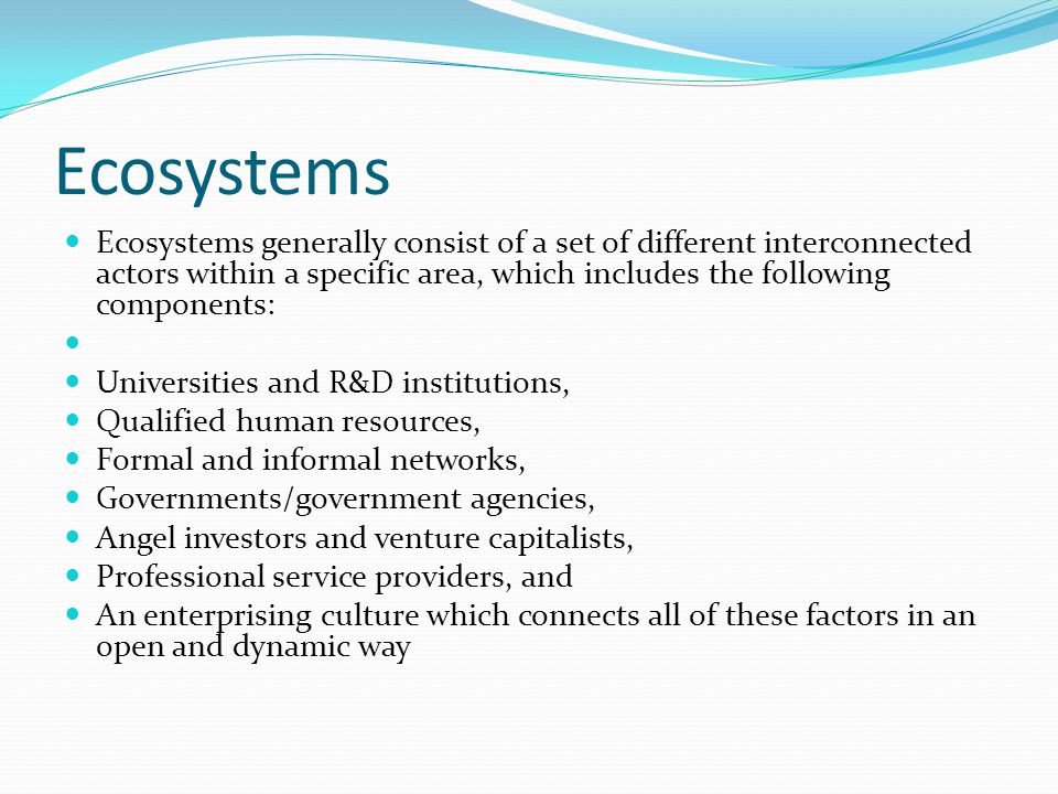 Ecosystems Ecosystems generally consist of a set of different interconnected actors within a specific area, which includes the following components: Universities and R&D institutions, Qualified human resources, Formal and informal networks, Governments/government agencies, Angel investors and venture capitalists, Professional service providers, and An enterprising culture which connects all of these factors in an open and dynamic way
