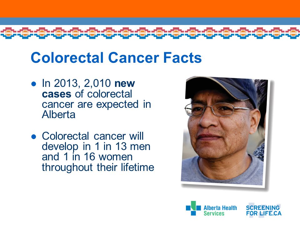 Colorectal Cancer Facts In 2013, 2,010 new cases of colorectal cancer are expected in Alberta Colorectal cancer will develop in 1 in 13 men and 1 in 16 women throughout their lifetime