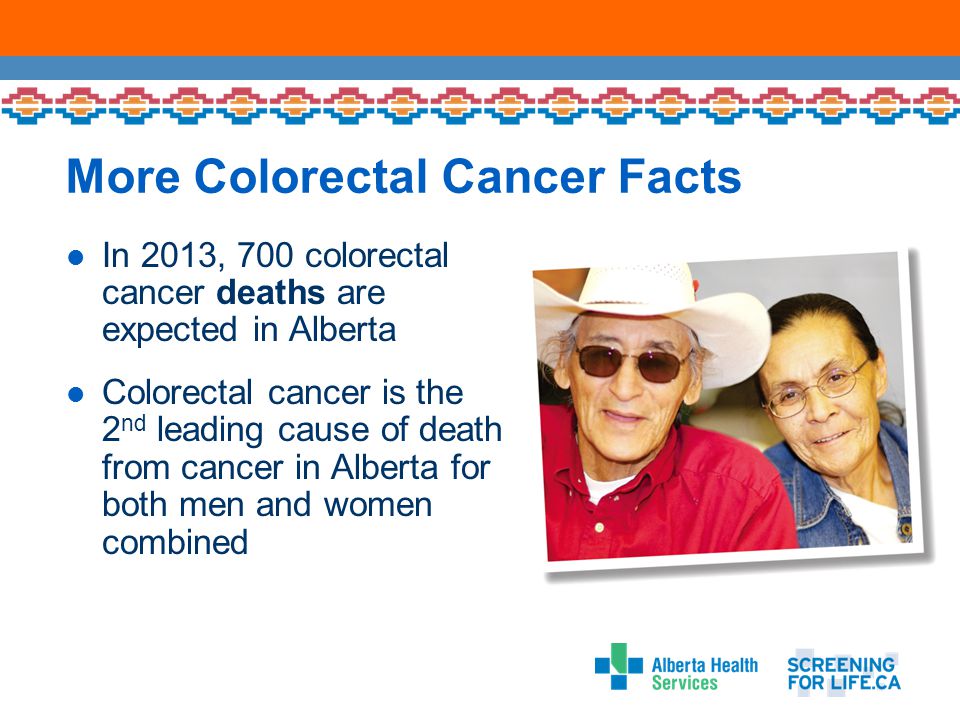 More Colorectal Cancer Facts In 2013, 700 colorectal cancer deaths are expected in Alberta Colorectal cancer is the 2 nd leading cause of death from cancer in Alberta for both men and women combined