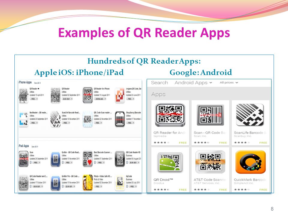 Examples of QR Reader Apps Hundreds of QR Reader Apps: Apple iOS: iPhone/iPad Google: Android 8