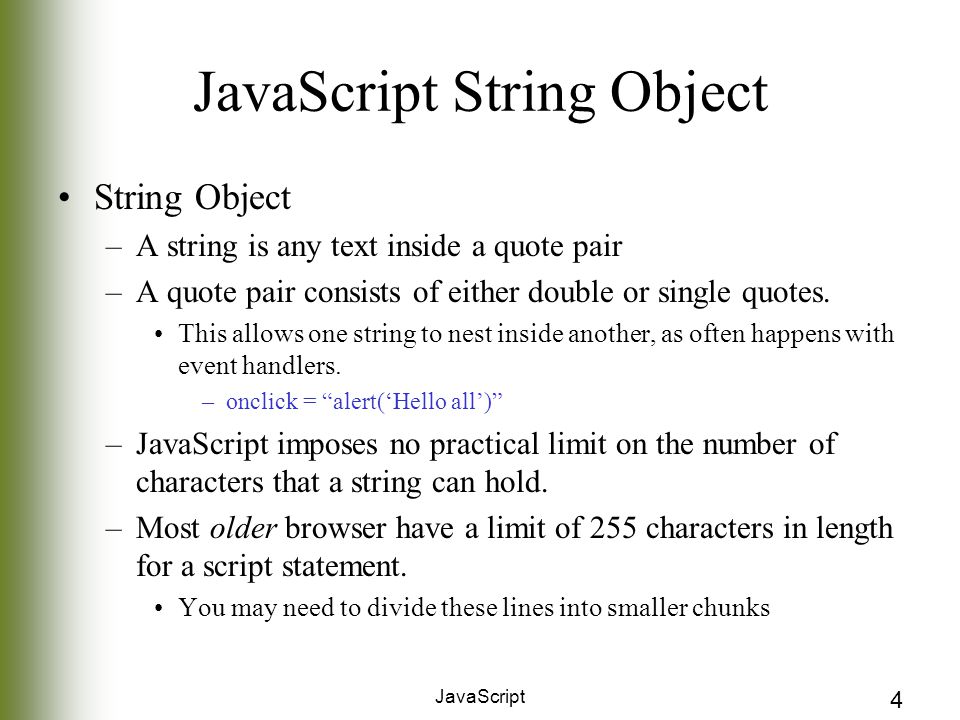 Strings, Math and Dates JavaScript. 2 Objectives How to modify strings with  common string method When and how to use the Math Object How to use the  Date. - ppt download