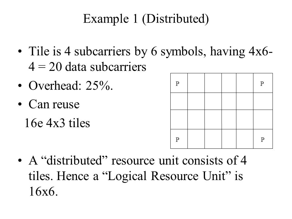 Example 1 (Distributed) Tile is 4 subcarriers by 6 symbols, having 4x6- 4 = 20 data subcarriers Overhead: 25%.