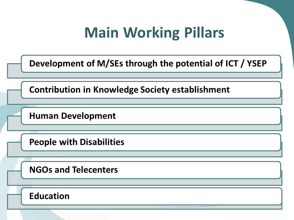Main Working Pillars Development of M/SEs through the potential of ICT / YSEPContribution in Knowledge Society establishmentHuman DevelopmentPeople with DisabilitiesNGOs and TelecentersEducation