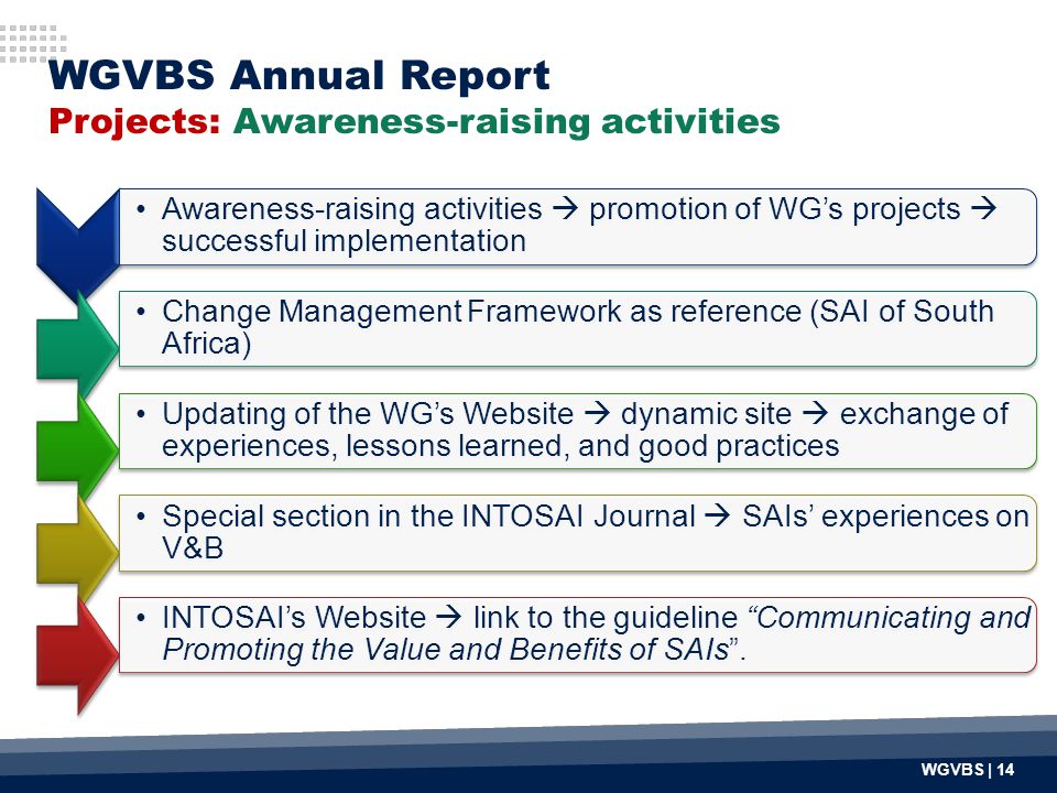 Awareness-raising activities  promotion of WG’s projects  successful implementation Change Management Framework as reference (SAI of South Africa) Updating of the WG’s Website  dynamic site  exchange of experiences, lessons learned, and good practices Special section in the INTOSAI Journal  SAIs’ experiences on V&B INTOSAI’s Website  link to the guideline Communicating and Promoting the Value and Benefits of SAIs .