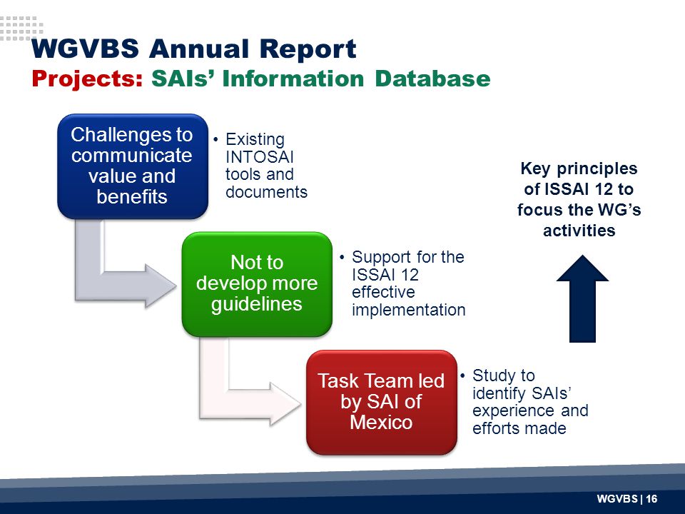 Challenges to communicate value and benefits Existing INTOSAI tools and documents Not to develop more guidelines Support for the ISSAI 12 effective implementation Task Team led by SAI of Mexico Study to identify SAIs’ experience and efforts made Key principles of ISSAI 12 to focus the WG’s activities WGVBS | 16 WGVBS Annual Report Projects: SAIs’ Information Database