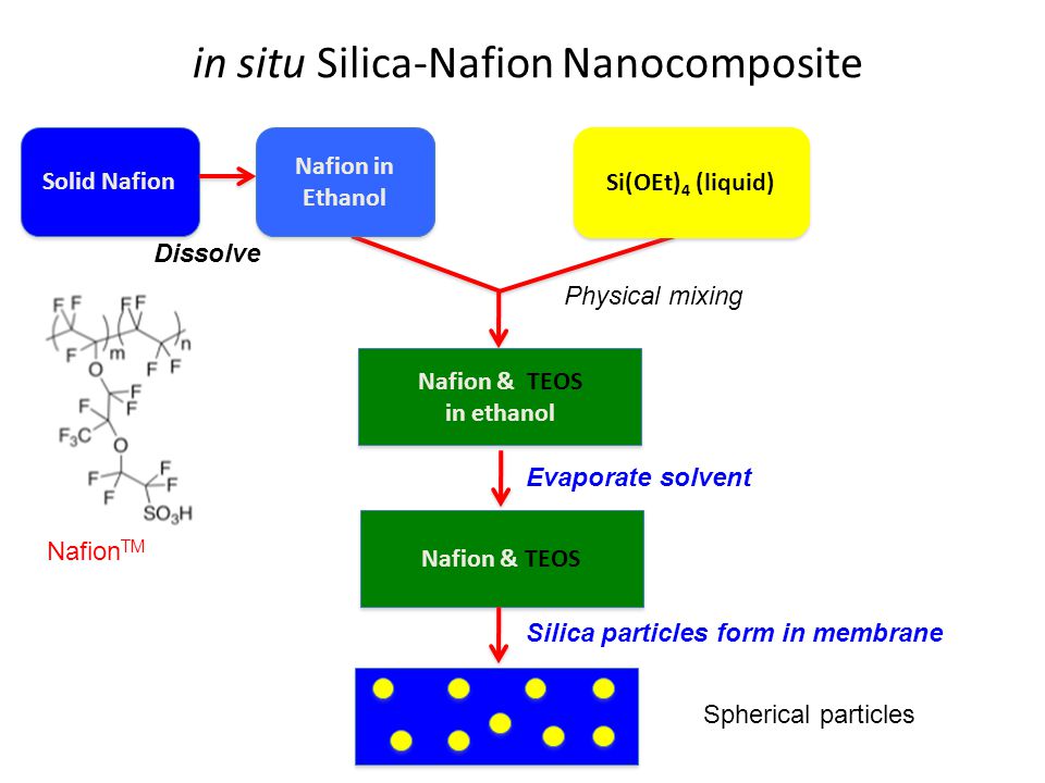 in situ Silica-Nafion Nanocomposite Solid Nafion Physical mixing Nafion & TEOS in ethanol Nafion & TEOS in ethanol Dissolve Nafion in Ethanol Evaporate solvent Si(OEt) 4 (liquid) Nafion & TEOS Silica particles form in membrane Nafion TM Spherical particles