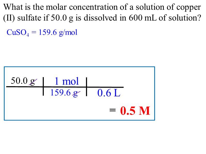 What is the molar concentration of a solution of copper (II) sulfate if 50.0 g is dissolved in 600 mL of solution.