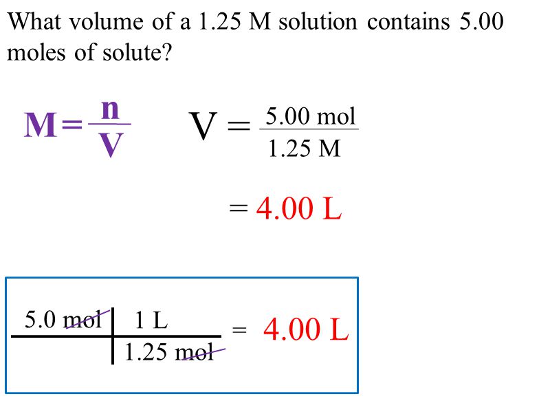 What volume of a 1.25 M solution contains 5.00 moles of solute.