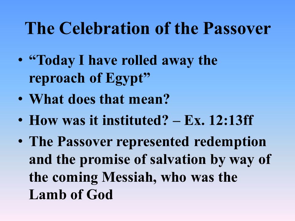 The Celebration of the Passover Today I have rolled away the reproach of Egypt What does that mean.