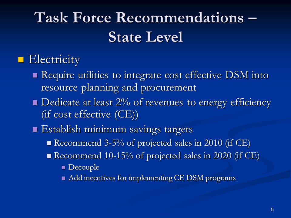 5 Task Force Recommendations – State Level Electricity Electricity Require utilities to integrate cost effective DSM into resource planning and procurement Require utilities to integrate cost effective DSM into resource planning and procurement Dedicate at least 2% of revenues to energy efficiency (if cost effective (CE)) Dedicate at least 2% of revenues to energy efficiency (if cost effective (CE)) Establish minimum savings targets Establish minimum savings targets Recommend 3-5% of projected sales in 2010 (if CE) Recommend 3-5% of projected sales in 2010 (if CE) Recommend 10-15% of projected sales in 2020 (if CE) Recommend 10-15% of projected sales in 2020 (if CE) Decouple Decouple Add incentives for implementing CE DSM programs Add incentives for implementing CE DSM programs